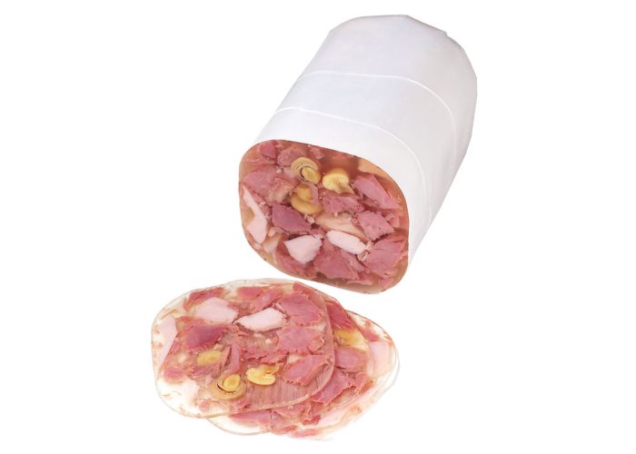 Pute in Aspik, mit Champignons (vierkant im weißen Darm, ca. 2000 g)