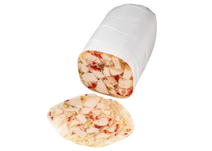 Hähnchenbrust gerissen, in Aspik mit Paprika (vierkant im weißen Darm, ca. 2000 g)