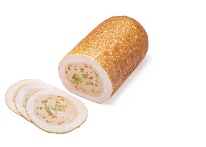 Hähnchen Brühwurst Roulade mit Putenfleisch und Brokkoli, frittiert (Kal. 120)