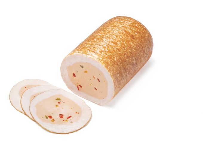 Hähnchen Brühwurst Roulade mit Putenfleisch und bunten Paprika, frittiert (Kal. 120)