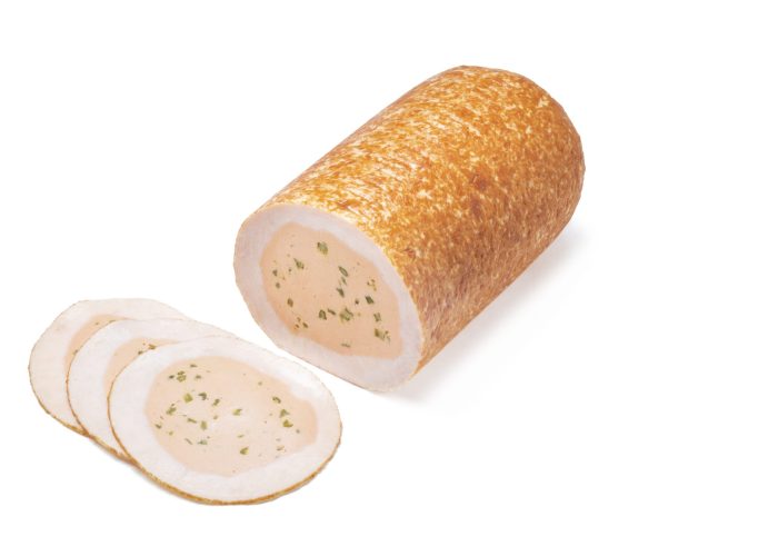 Hähnchen Brühwurst Roulade mit Putenfleisch und grünem Spargel, frittiert (Kal. 120)