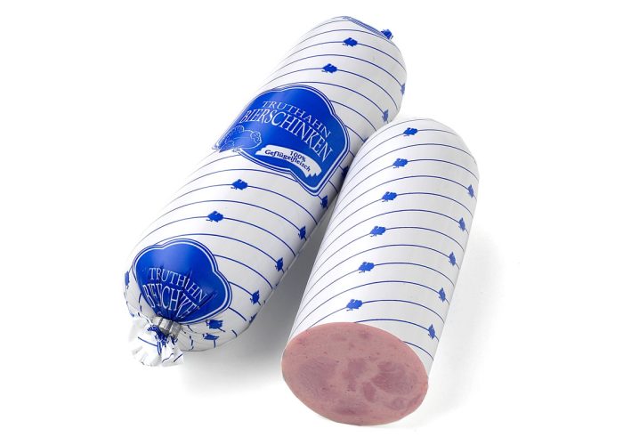 Truthahn Bierschinken „rein Pute“, im bunten Darm (Kal. 55, egalisiert 350 g)