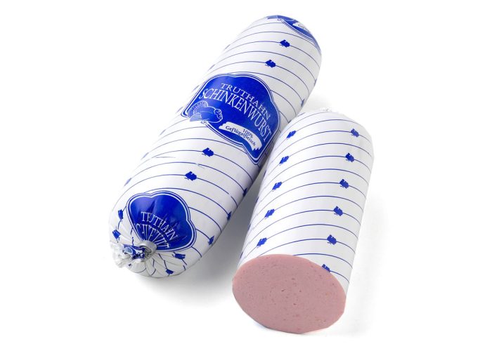 Truthahn Schinkenwurst „rein Pute“, im bunten Darm (Kal. 55, egalisiert 350 g)